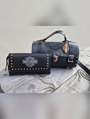 Harley-Davidson Black Leather Bag with Matching Studded Wallet